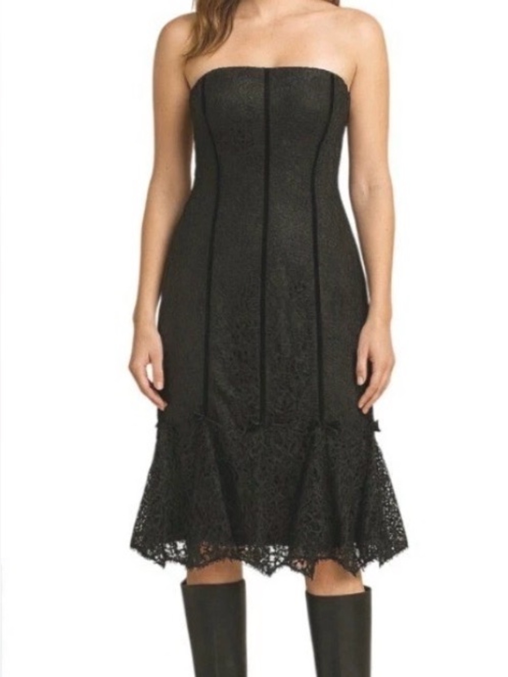 David Meister Black Strapless Lace Cocktail Dress Velvet Trim Size 2